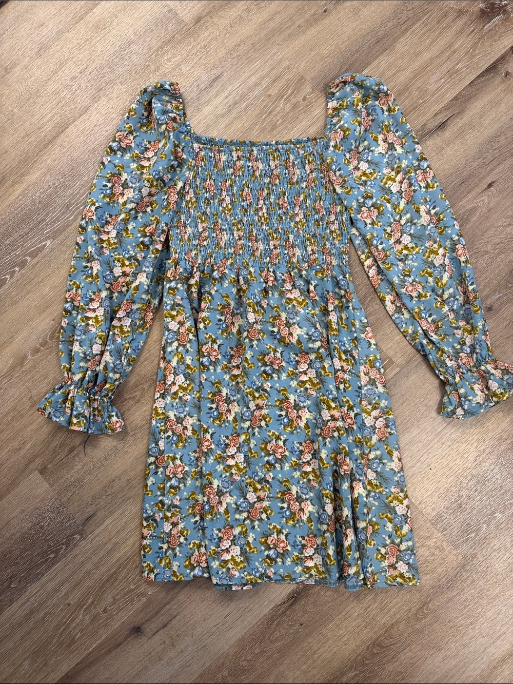 Blue Floral Smocked Long-Sleeve Girls Dress